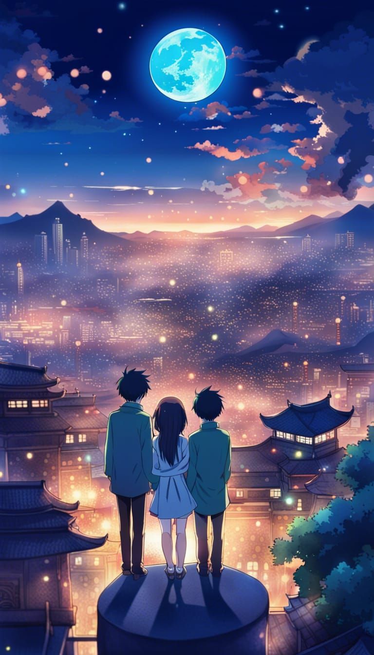 Starstruck Lovers Overlook Ancient City in Anime Style
