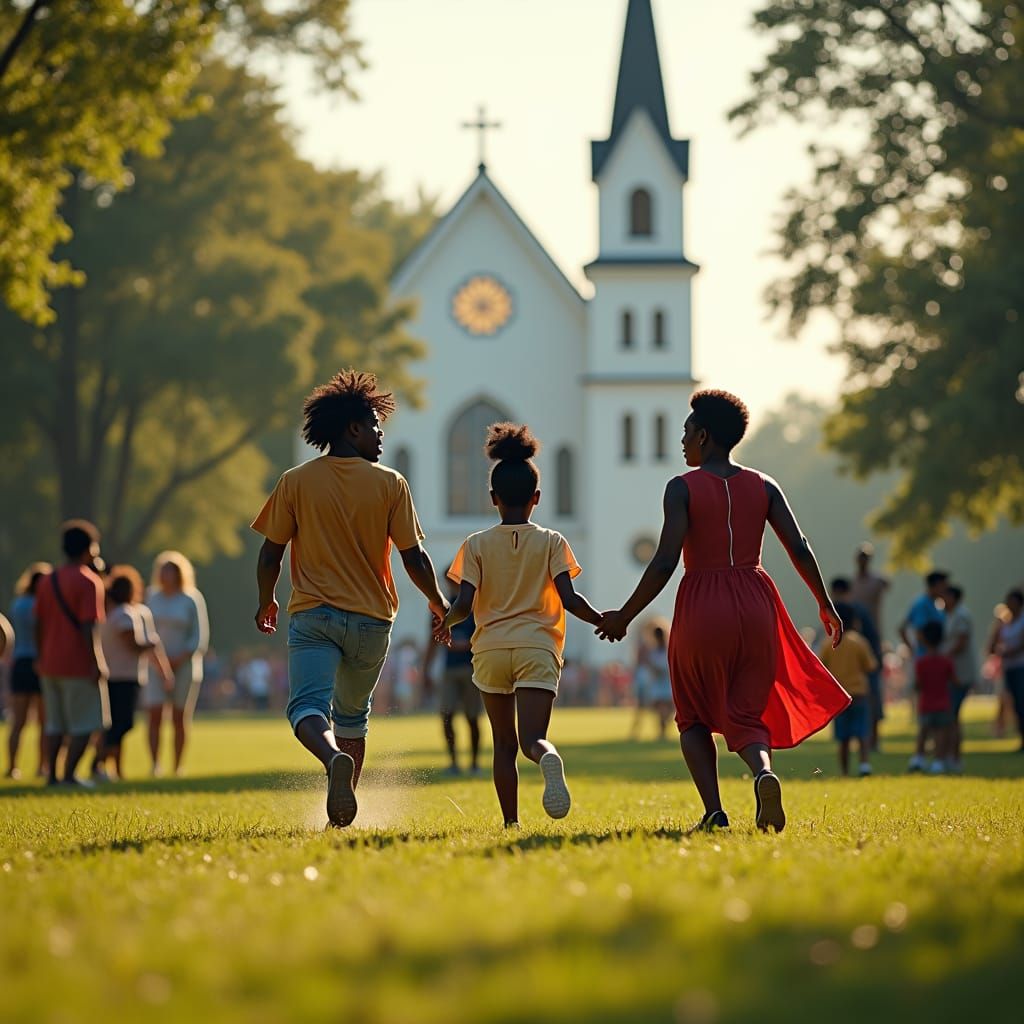 Joyful Church Picnic in Park: A Cinematic Film Still