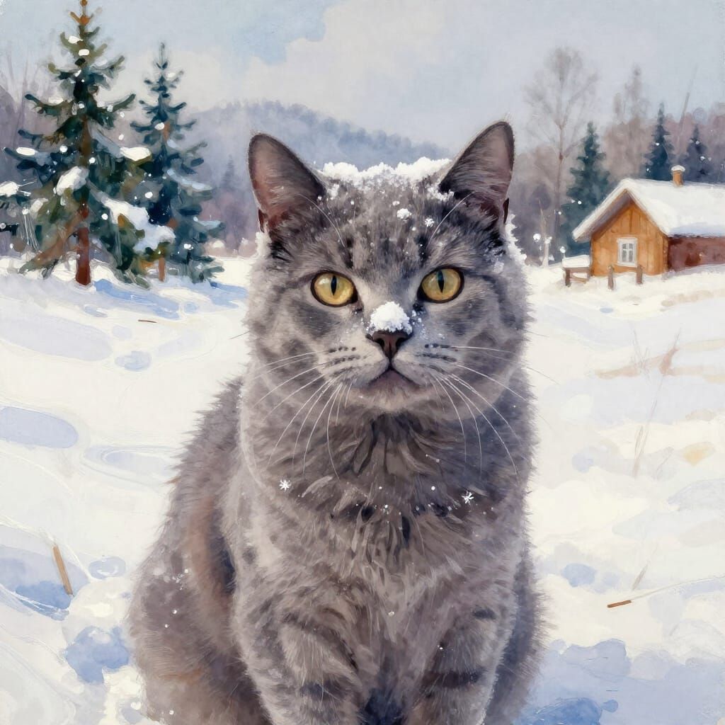 Cozy Gray Cat in Snowy Russian Landscape Watercolor