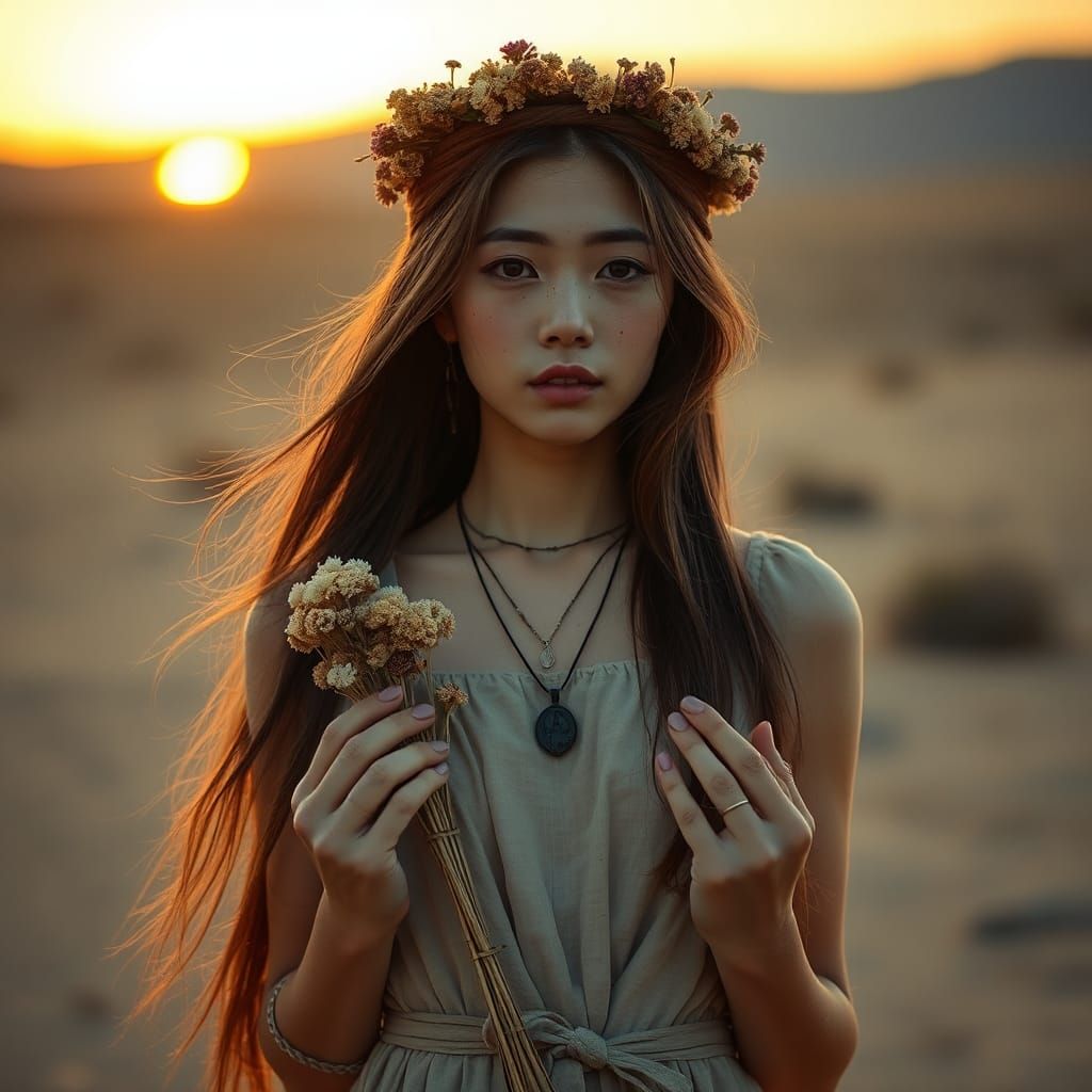 Japanese Woman in Desert at Sunset