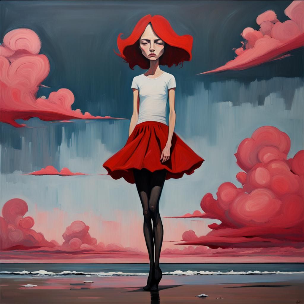 Cartoon Creature with Crimson Clouds in Modern Style