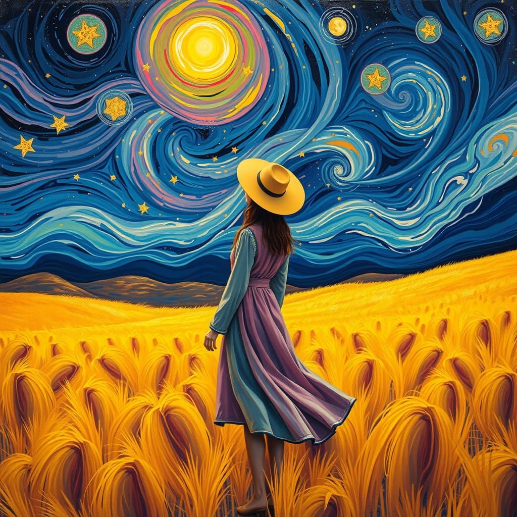 Whimsical Woman Under Starry, Rainbow Sky with Harvest Moon...