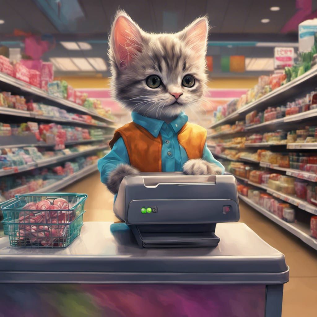 Kitten Cashier Concept Art in Supermarket, Detailed 8k