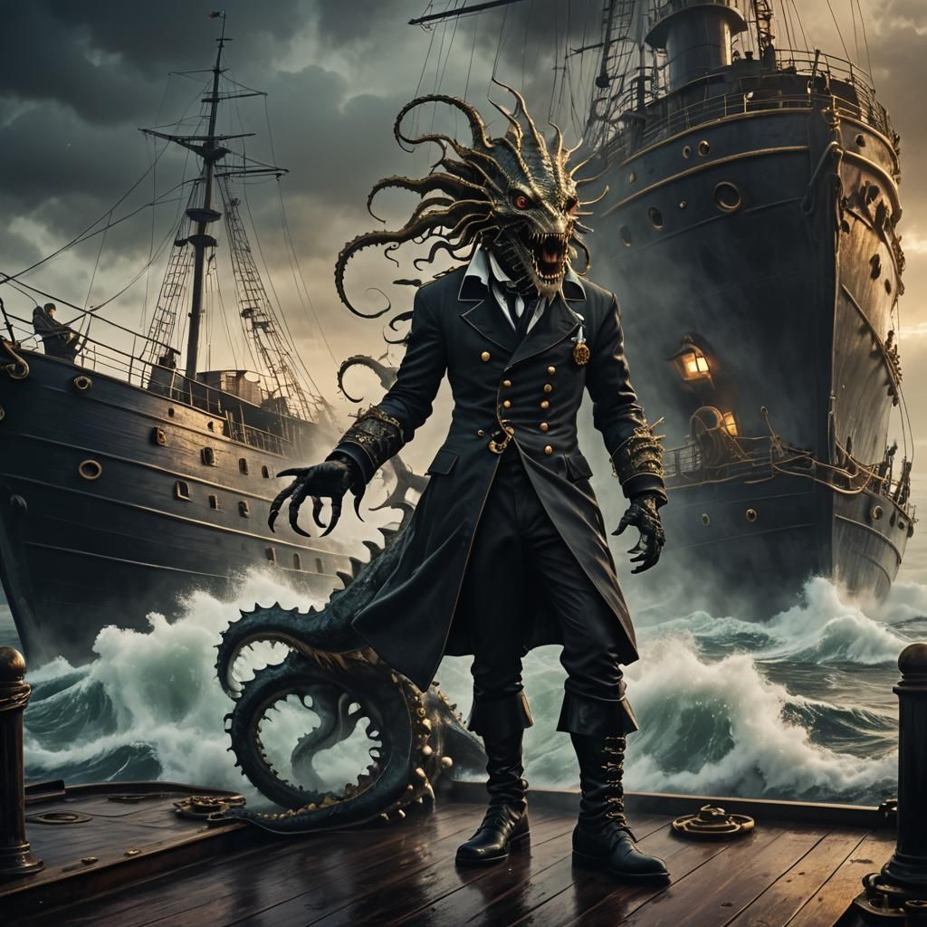 Sea Monster on Ghost Ship in Gothic Surrealism