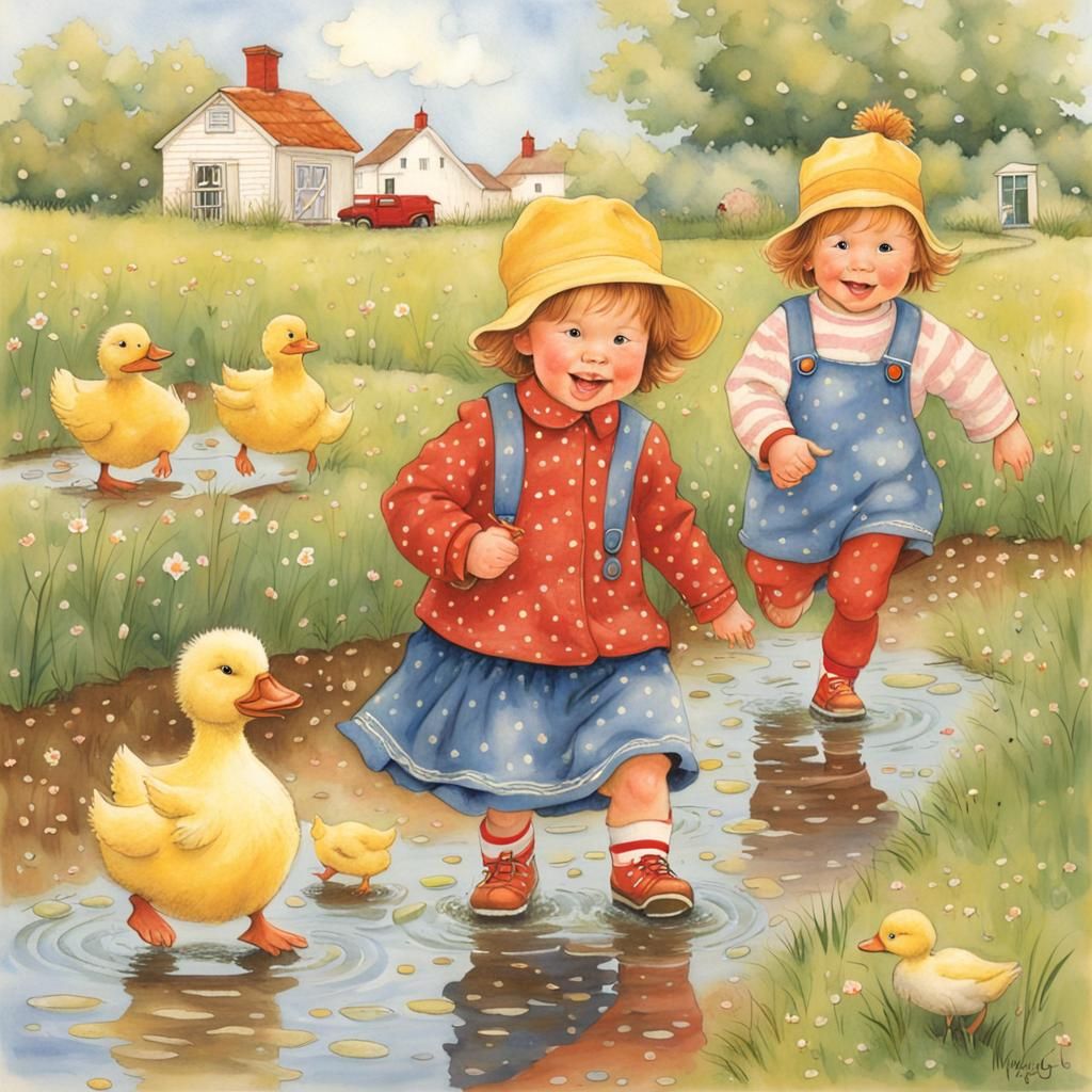 Toddlers and Ducks Splashing: Whimsical Children's Illustrat...