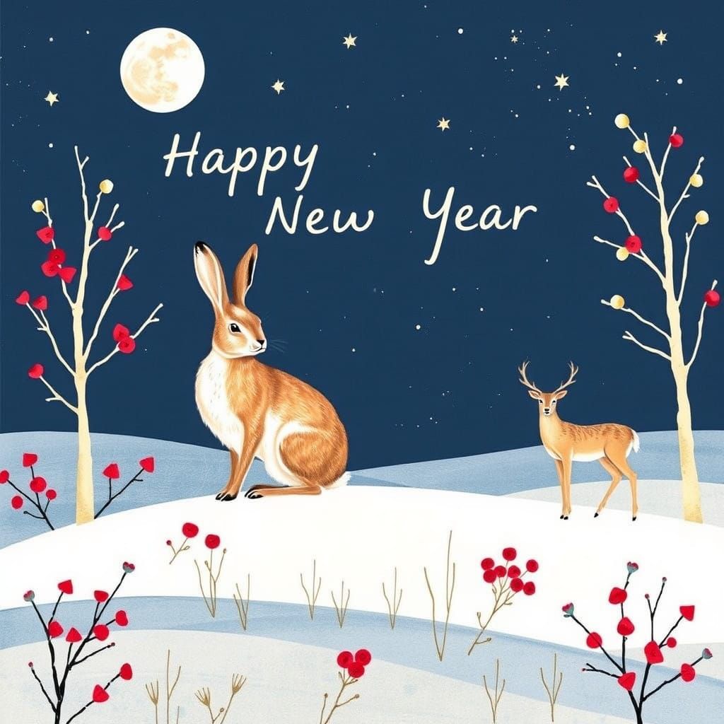 Winter Wonderland Scene with Snowy Fields and Moonlit Sky in...