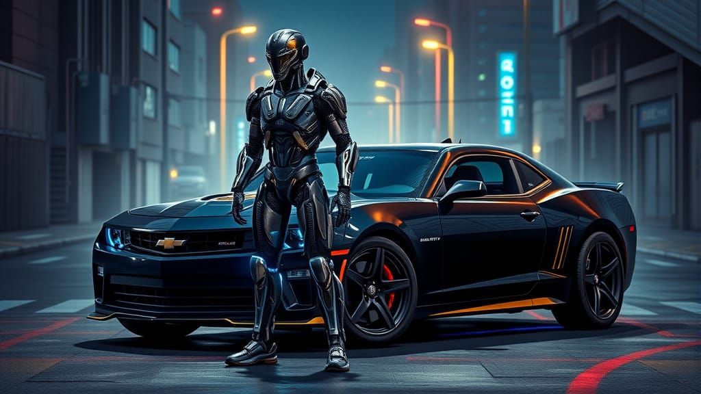 Cyberpunk Exoskeleton and Super Car in Neon-Lit Urban Landsc...