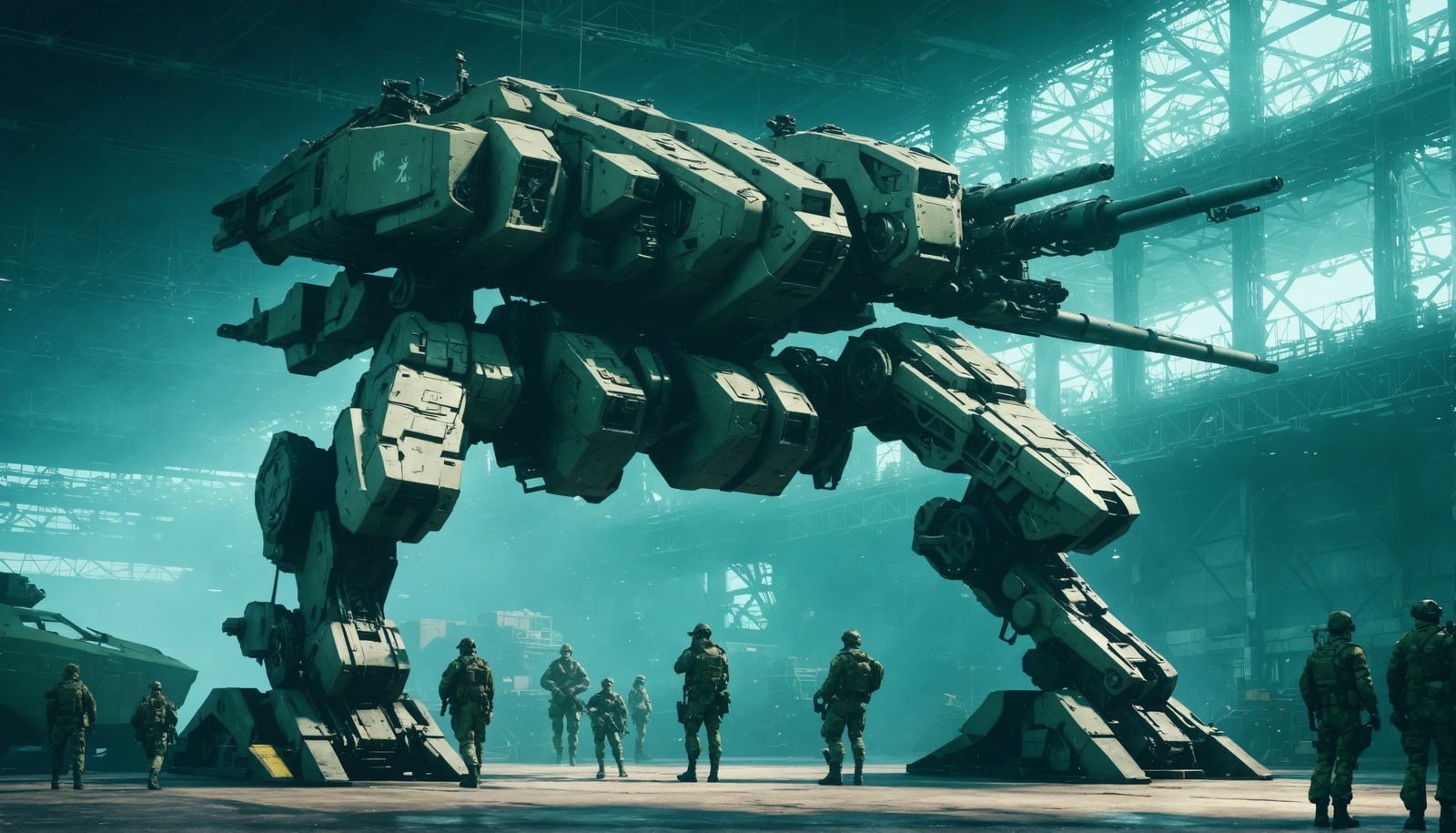 Armored Mech in Hangar with Soldiers
