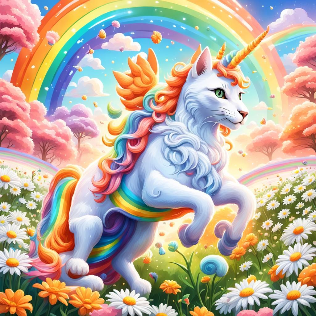 Orange Cat Rides Rainbow Unicorn in Candyland Art
