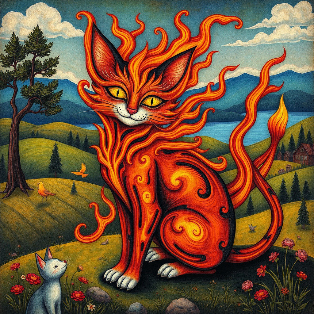 Flaming Feline in Dreamlike Landscape, Naive Art Style