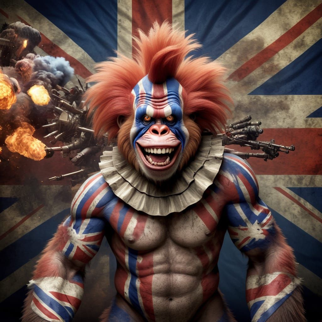 Patriotic Orangutan Clown in Post-Apocalyptic Scene
