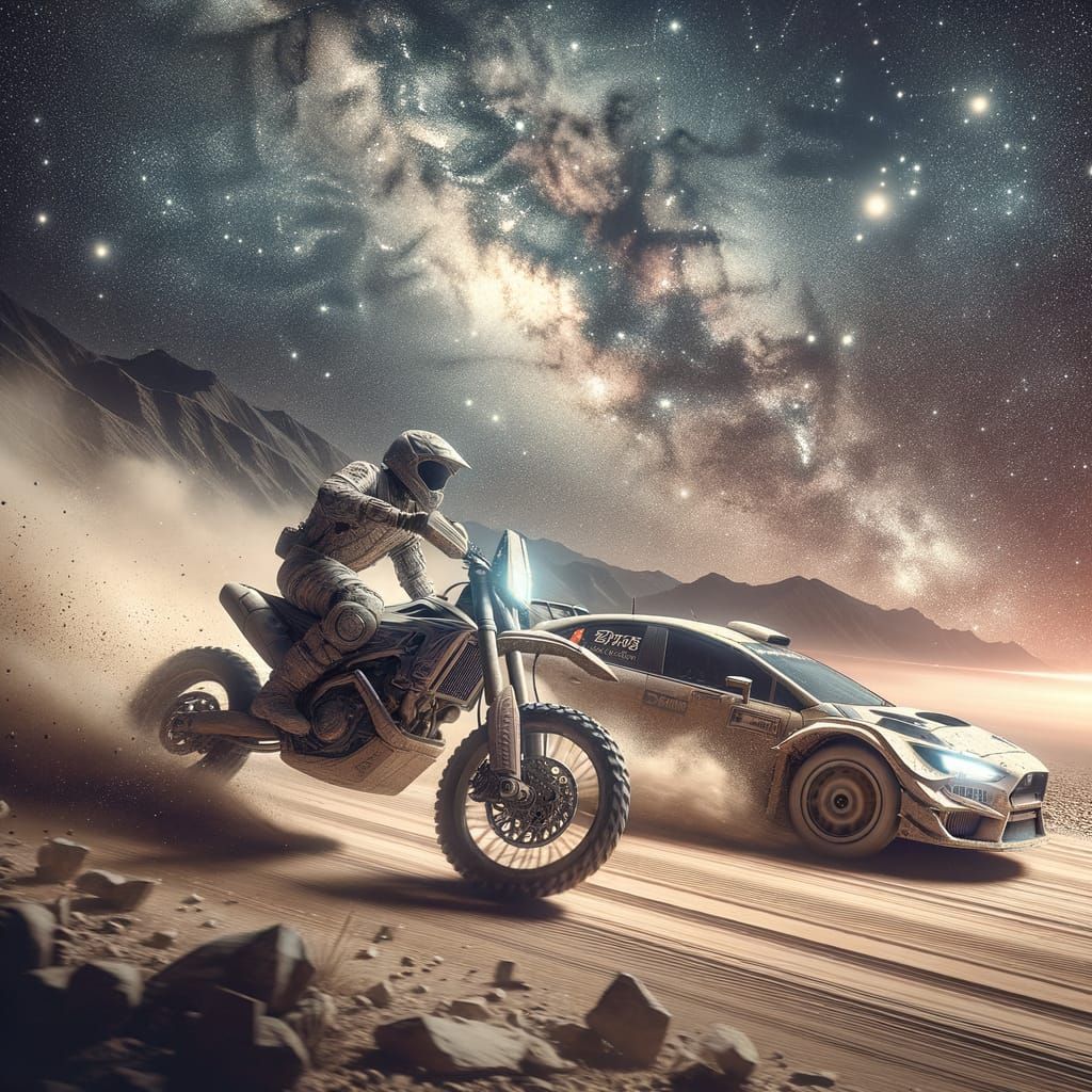 Beige-Toned Space Rally: Bike and Car Chase