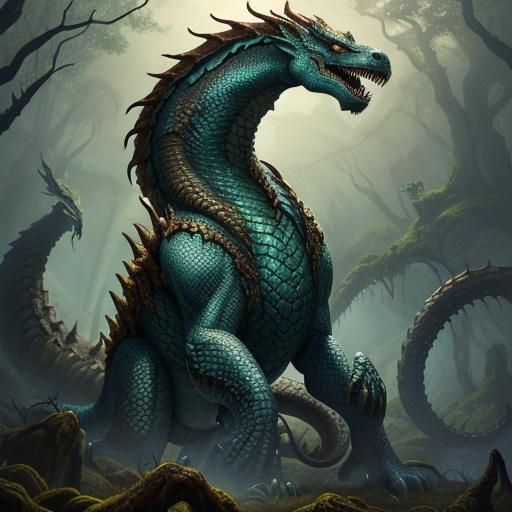Epic Hydra Attack in Fantasy Art Style