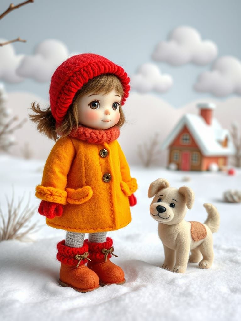 Felt Girl and Dog in Winter Landscape, Illustration Style