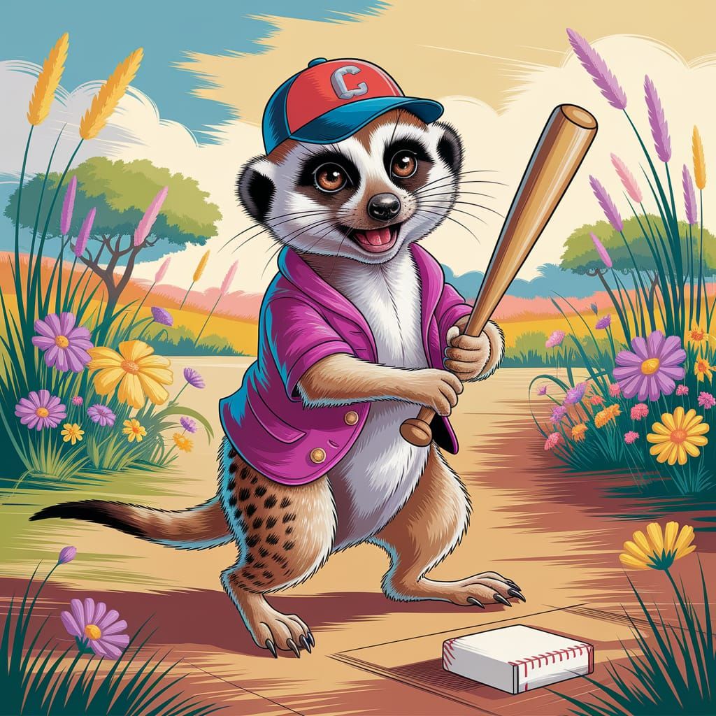 Playful Meerkat Engaged in American Game, Gouache Painting