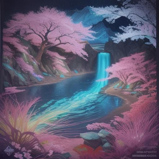 Waterfall and Blossoms at Night: Japanese Art