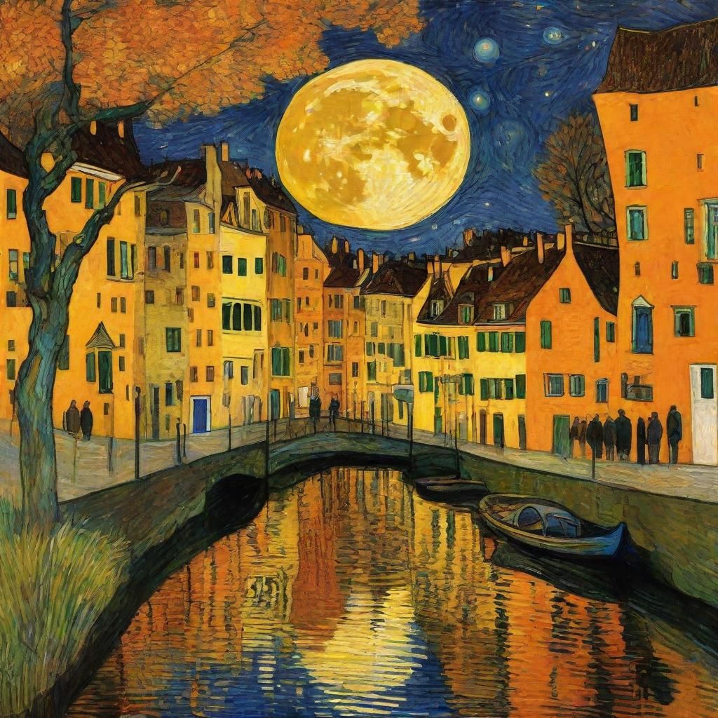 Oversized Moon Over Ancient Treehouse River Scene