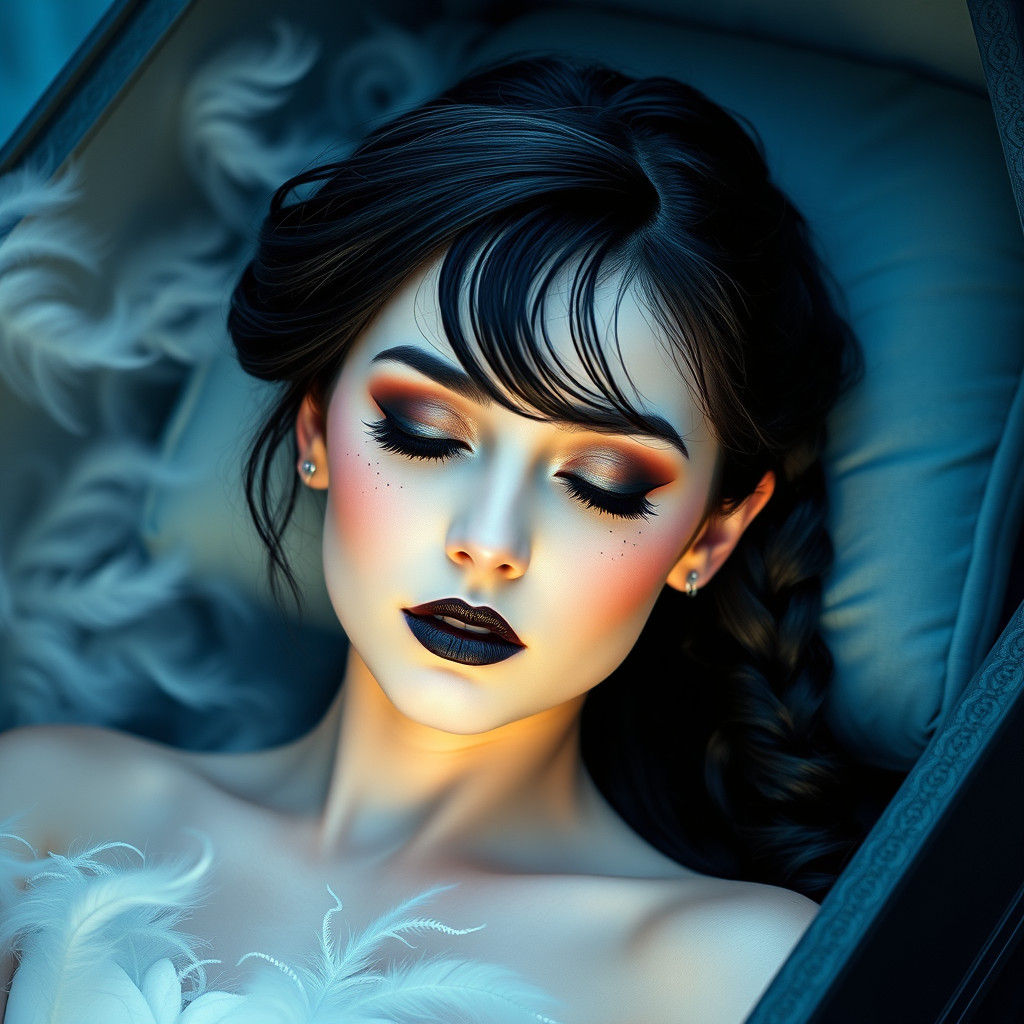Ethereal Gothic Woman in Coffin with Dreamlike Mist