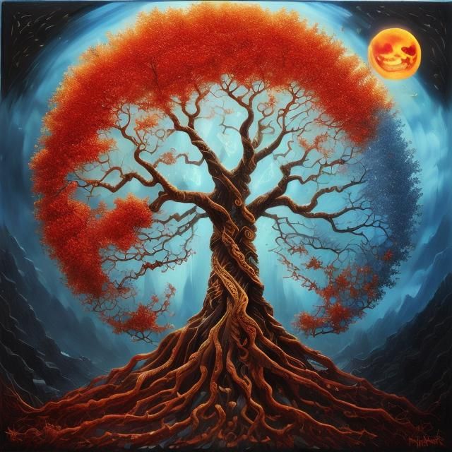 <lora:spirt:1.0> a twisted tree, a face, flames, red moon, filigree