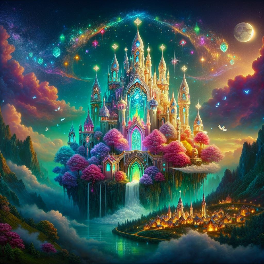 Neon Castle Floating on Clouds at Night