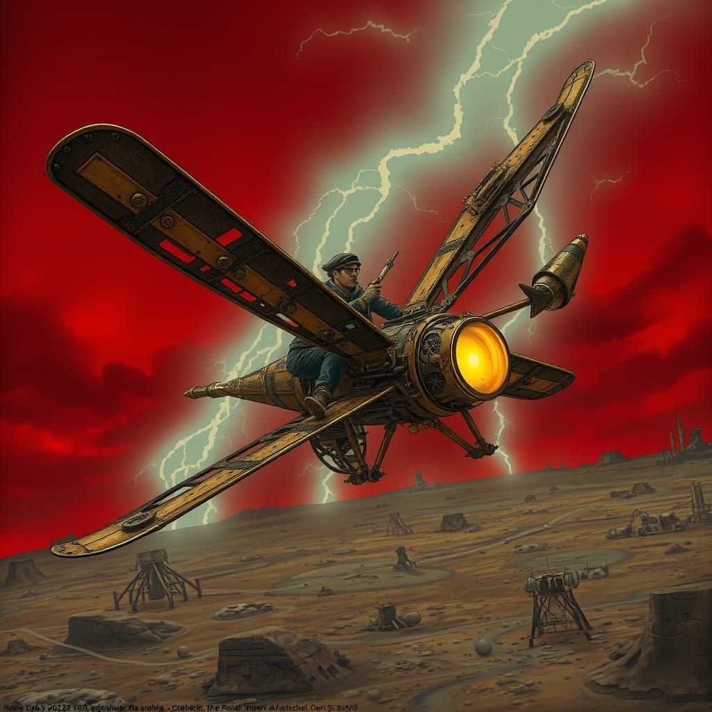 Steampunk Ornithopter Soaring Through Crimson Sky