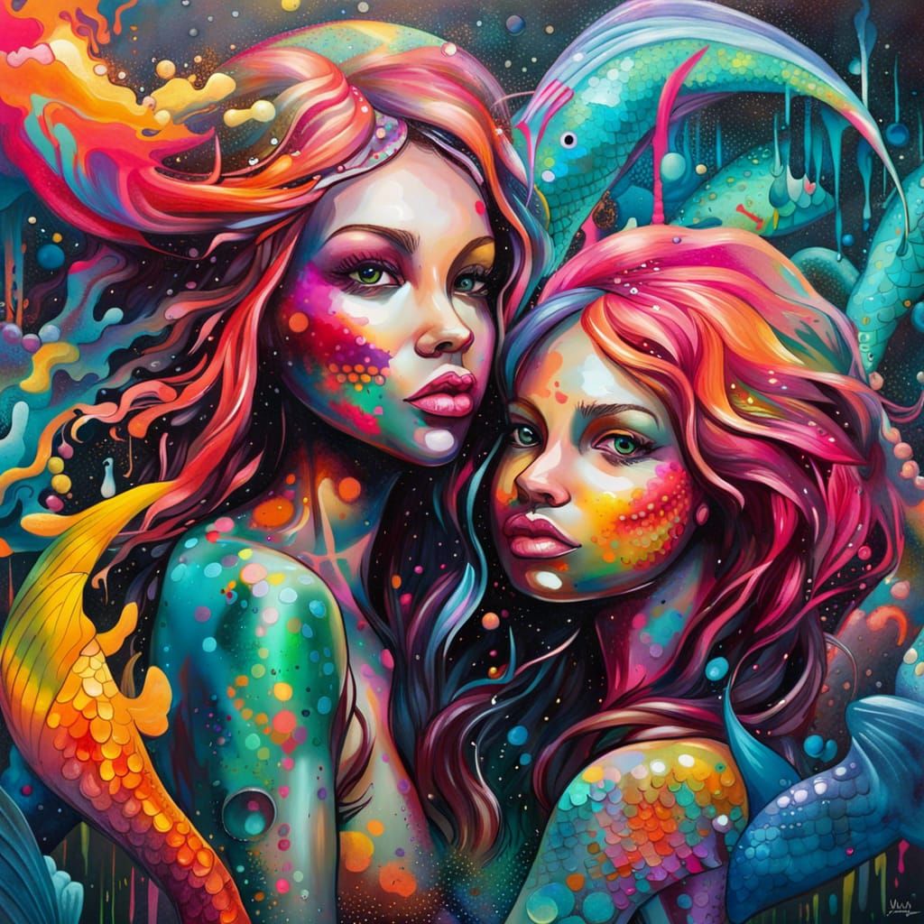 Polychromatic Graffiti Mermaids in Street Art Style