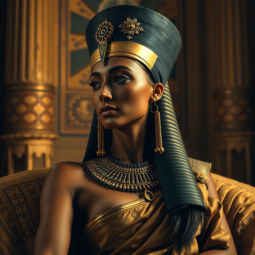 Regal Queen Nefertiti in Opulent Palace Chambers