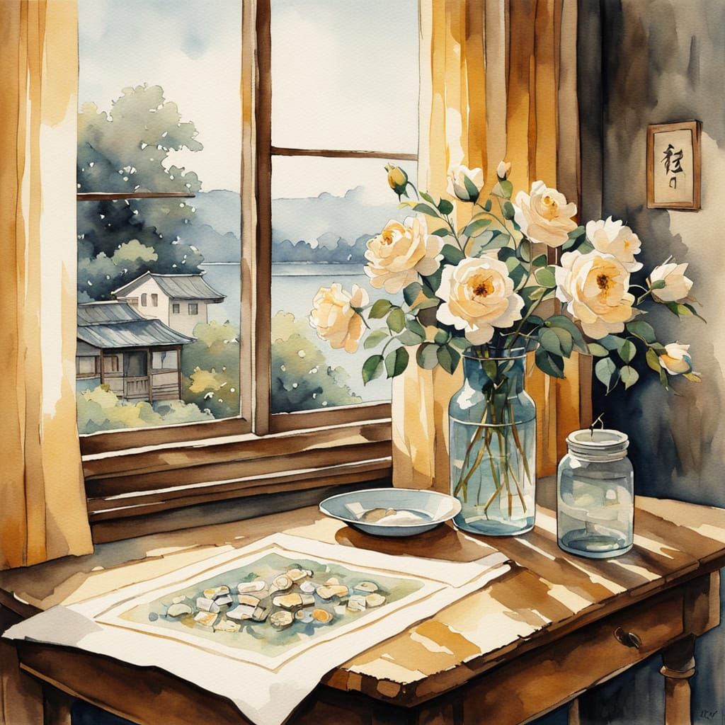 Watercolor Mokuhanga Art of Vintage Table with Roses