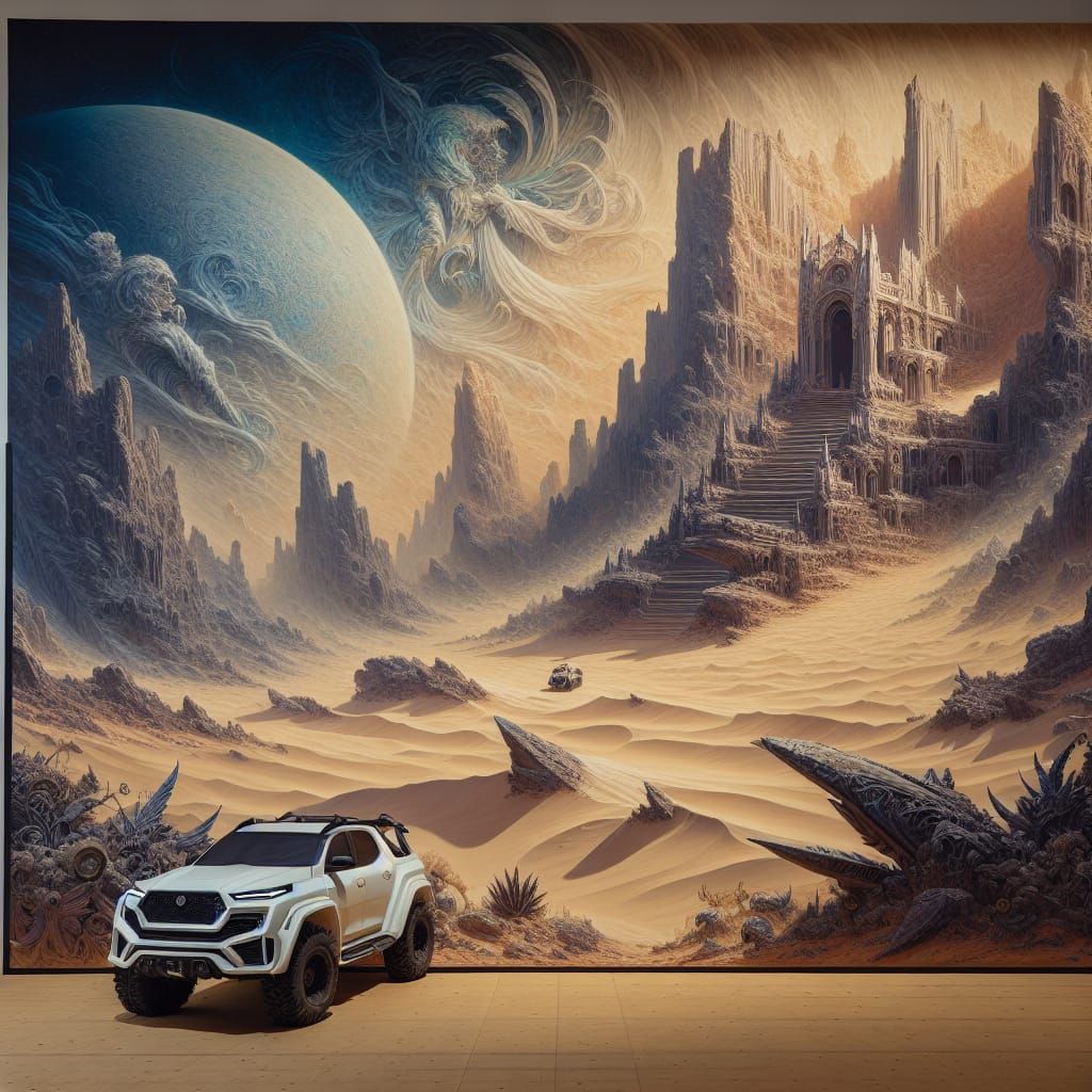 White Car on Sandy Terrain in Matte Painting Style