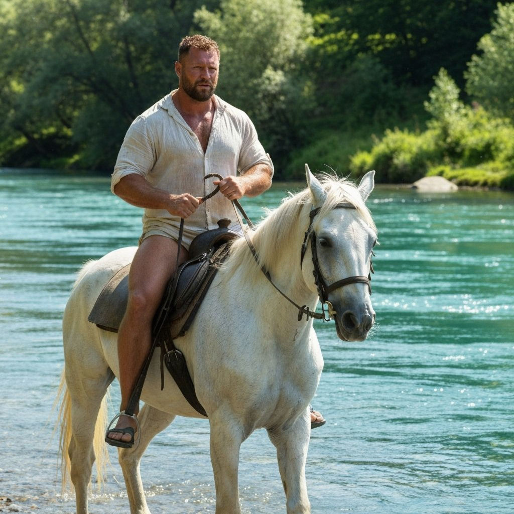 A beefy horseman on a white horse