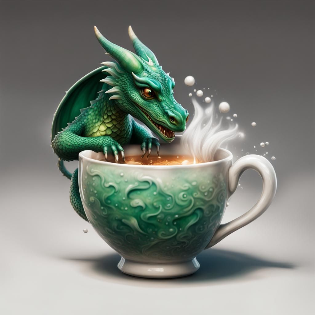 Emerald Dragon Peeking from Teacup: Hyperrealistic Splash Ar...