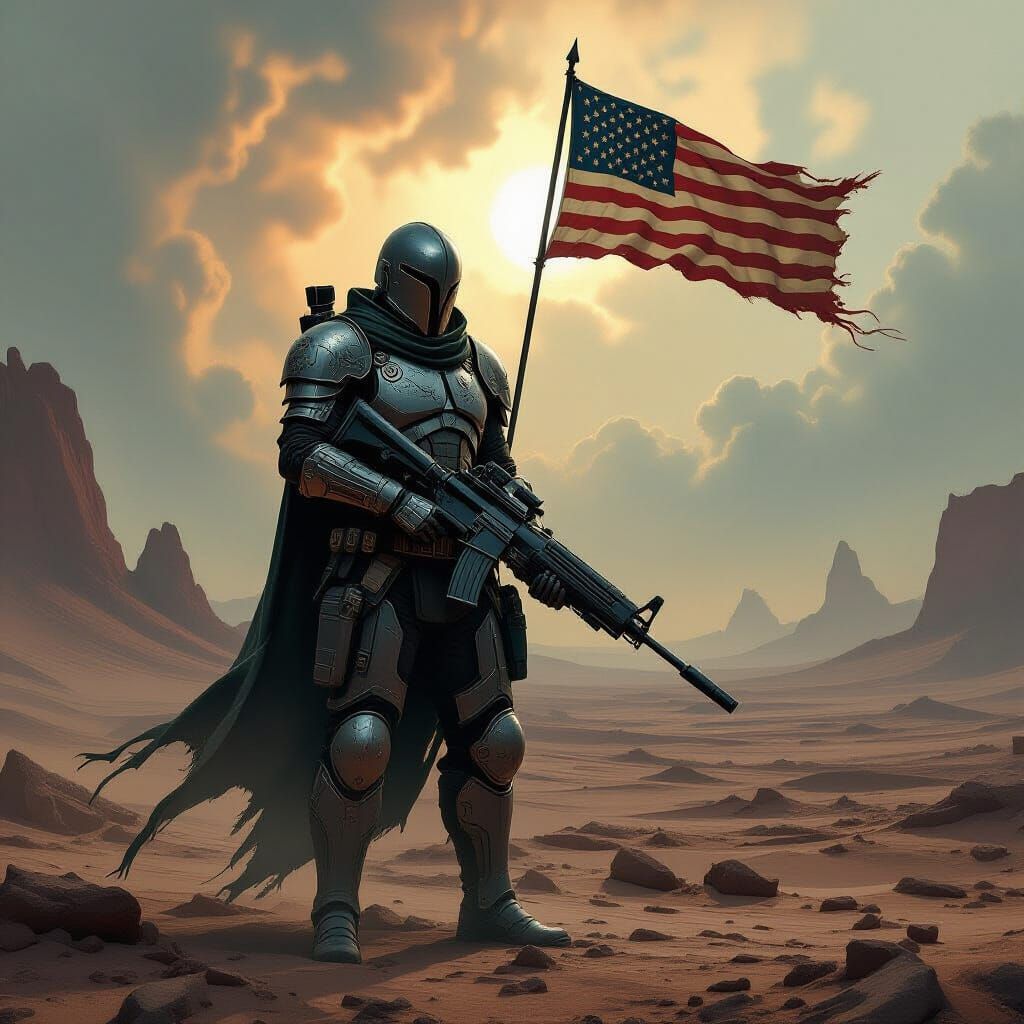 Lone Soldier in Alien Landscape with Futuristic Rifle