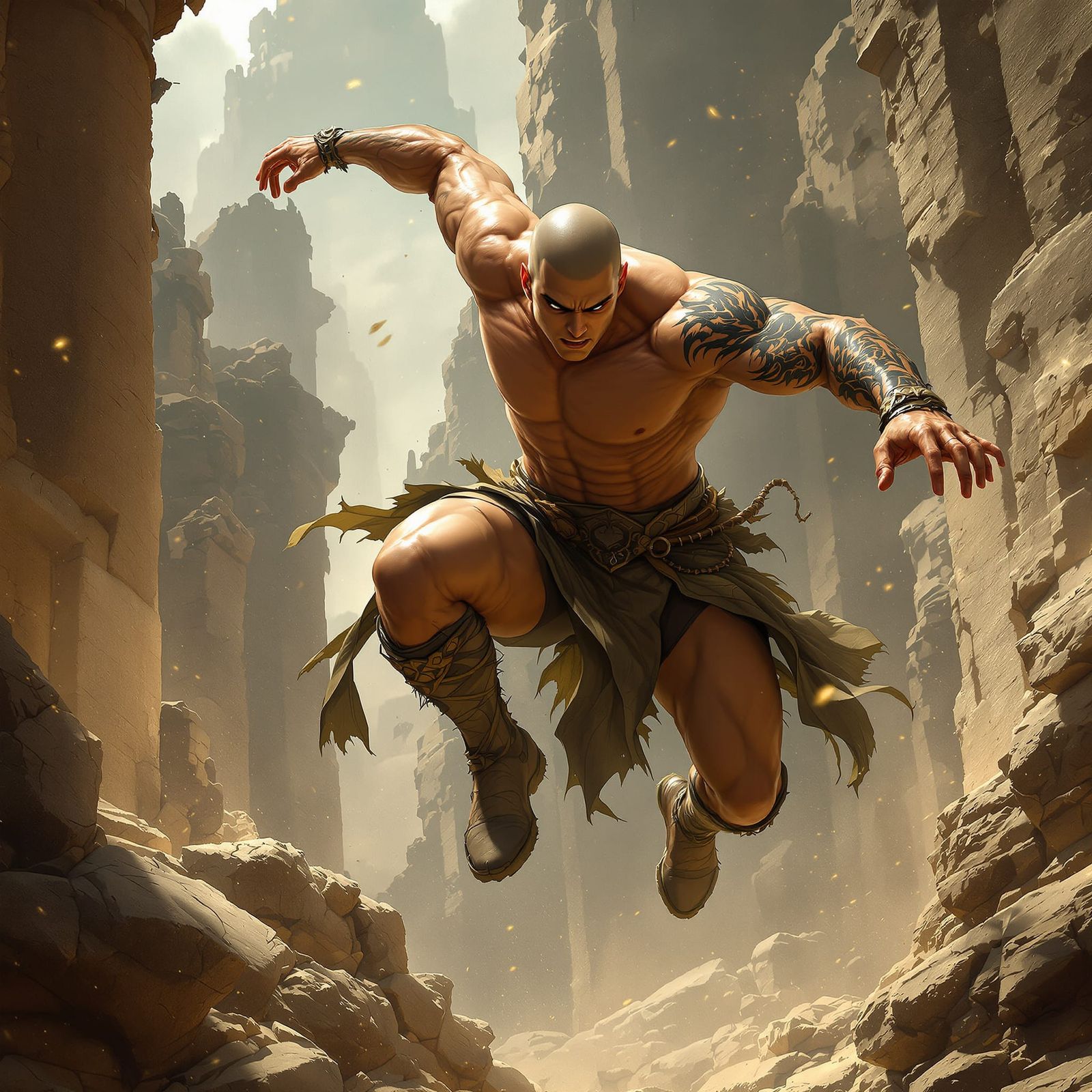 Muscular Man Leaping Over Ancient Ruins