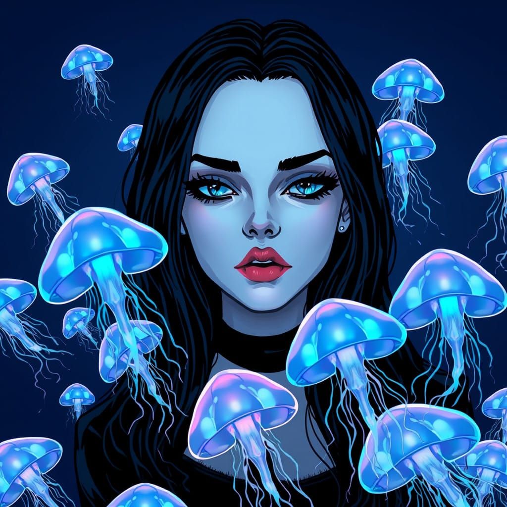 Moody Goth Woman Surrounded by Glowing Jellyfish in a Bold, ...