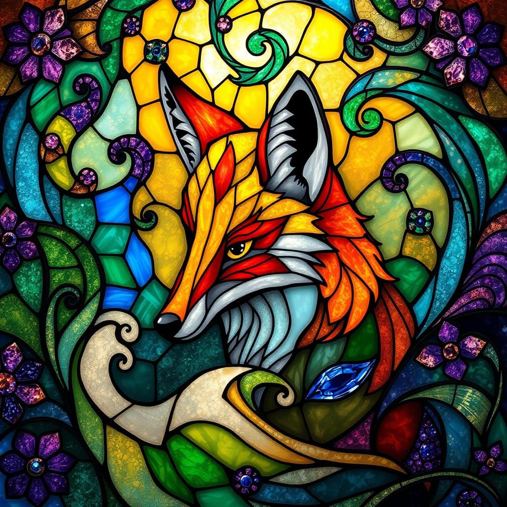 Stunning Emerald Fox in Art Nouveau Stained Glass