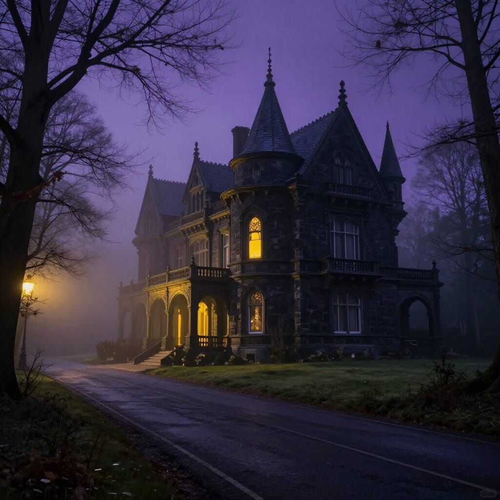 Neo-Gothic Manor in Dark Forest Fog