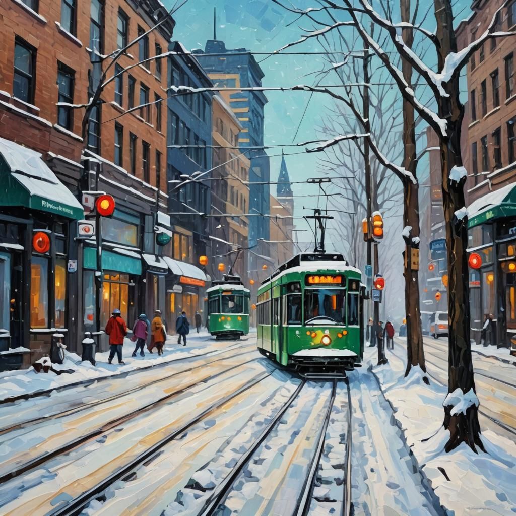 Toronto Tram in Snow: Neo-Impressionist Oil Painting