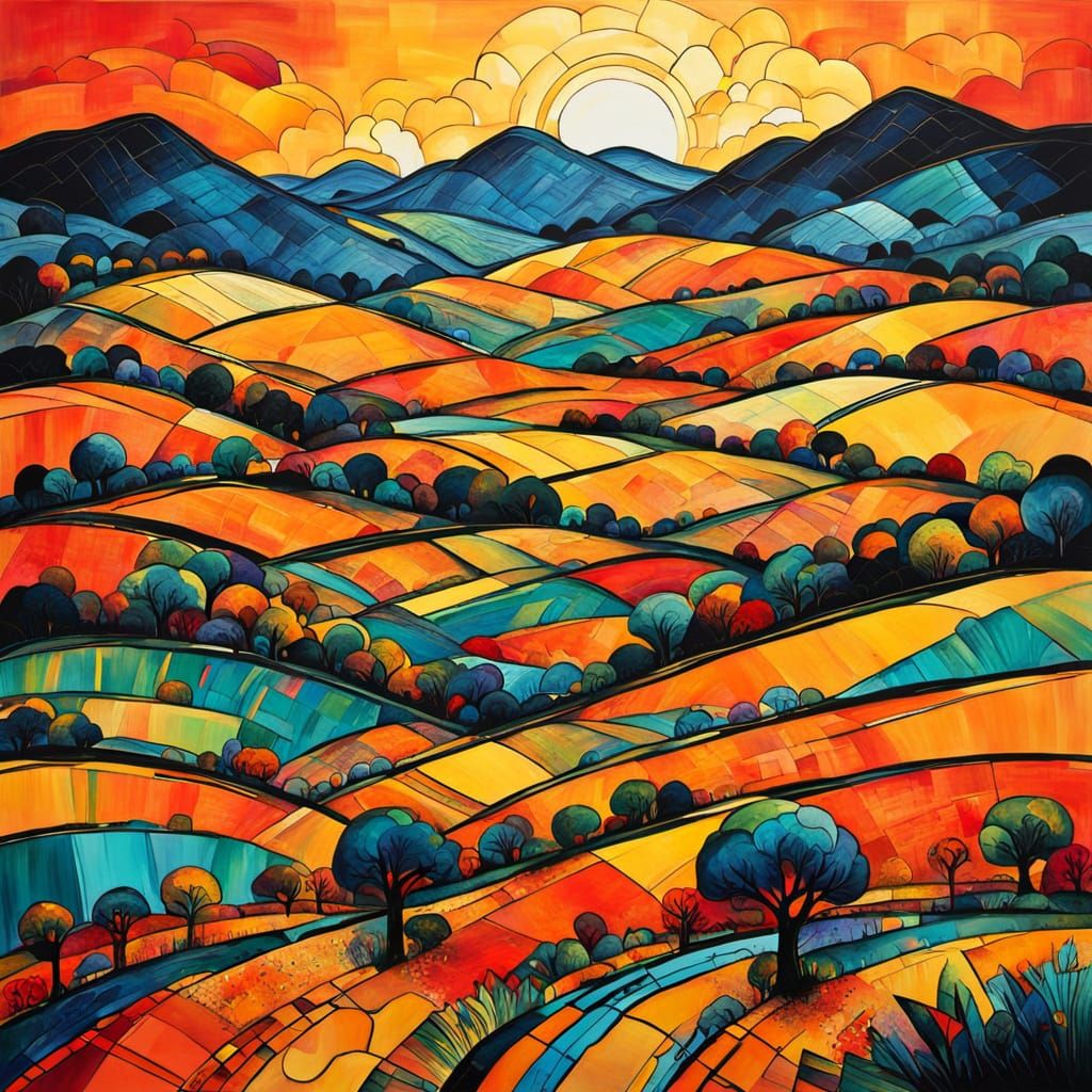 Fauvist Ink Landscape with Rolling Hills