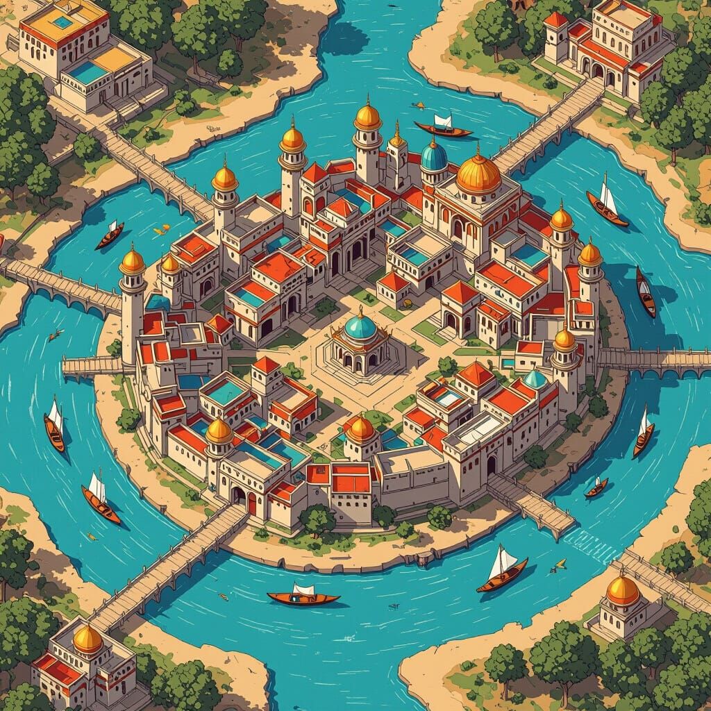 Isometric Map of Medieval River-Delta City in Mughal Style