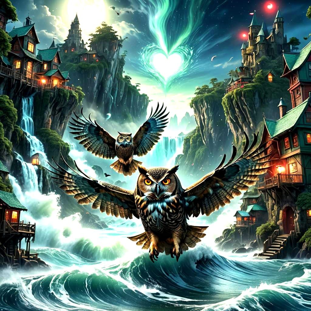 Surreal Village in Wool Waves with Giant Owl
