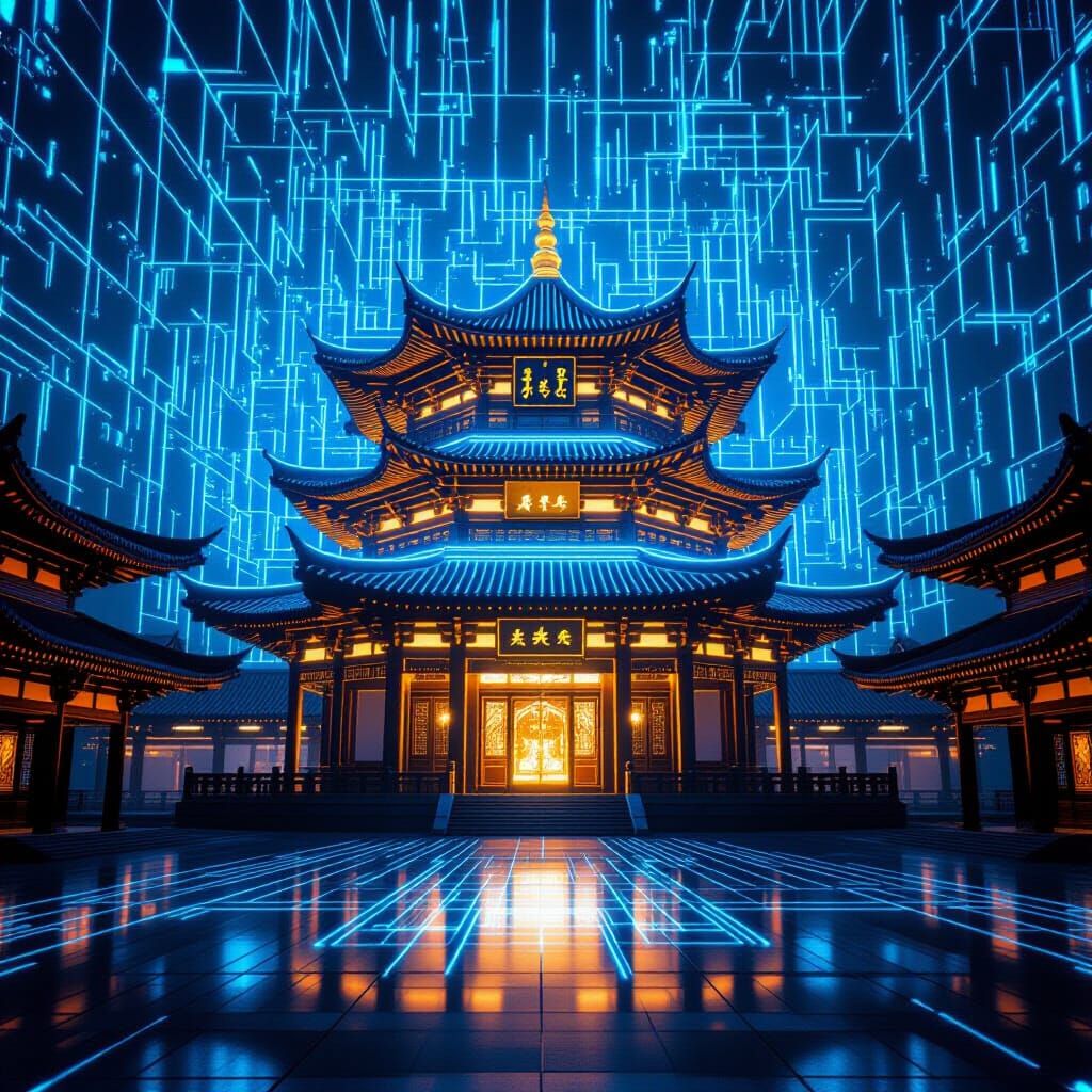 Holographic East Asian Temple with Digital Grid Background
