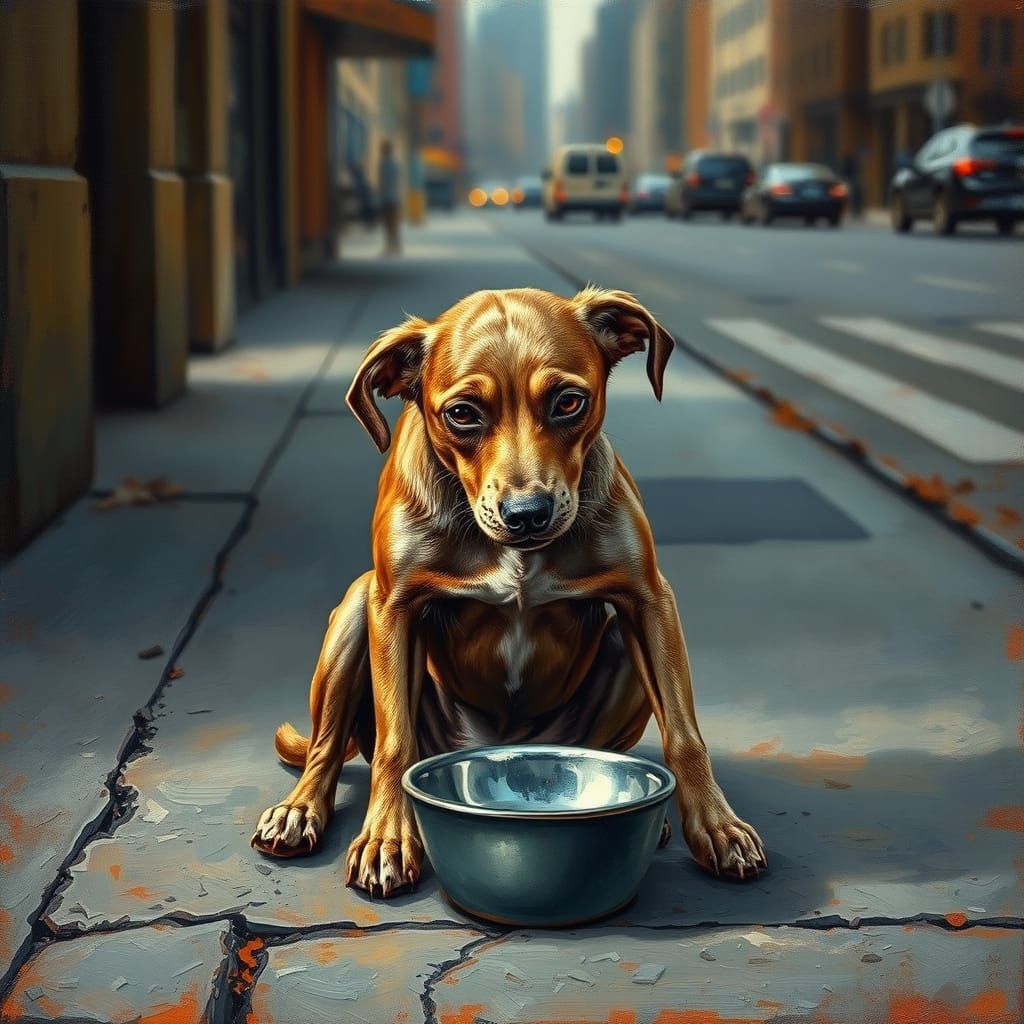 Impasto Oil Painting of a Starving Stray Dog