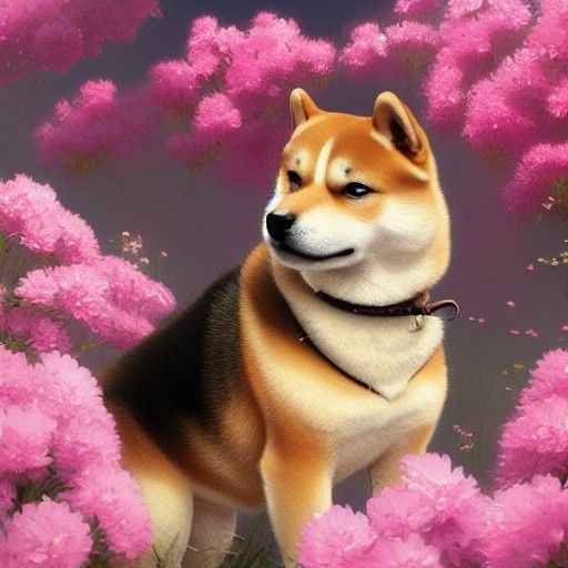 A Shiba Inu puppy playing in Pink Flowers