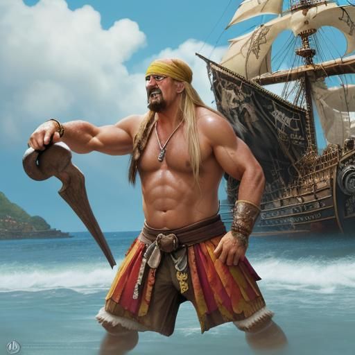 Hulk Hogan in Pirates of Caribbean, Hyperrealistic, splash art, concept art, mid shot, intricately detailed, color depth...