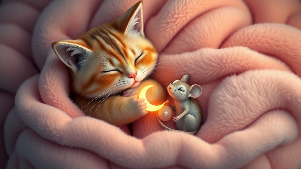 Adorable Cat and Mouse Cuddle in a Dreamy Fantasy Scene