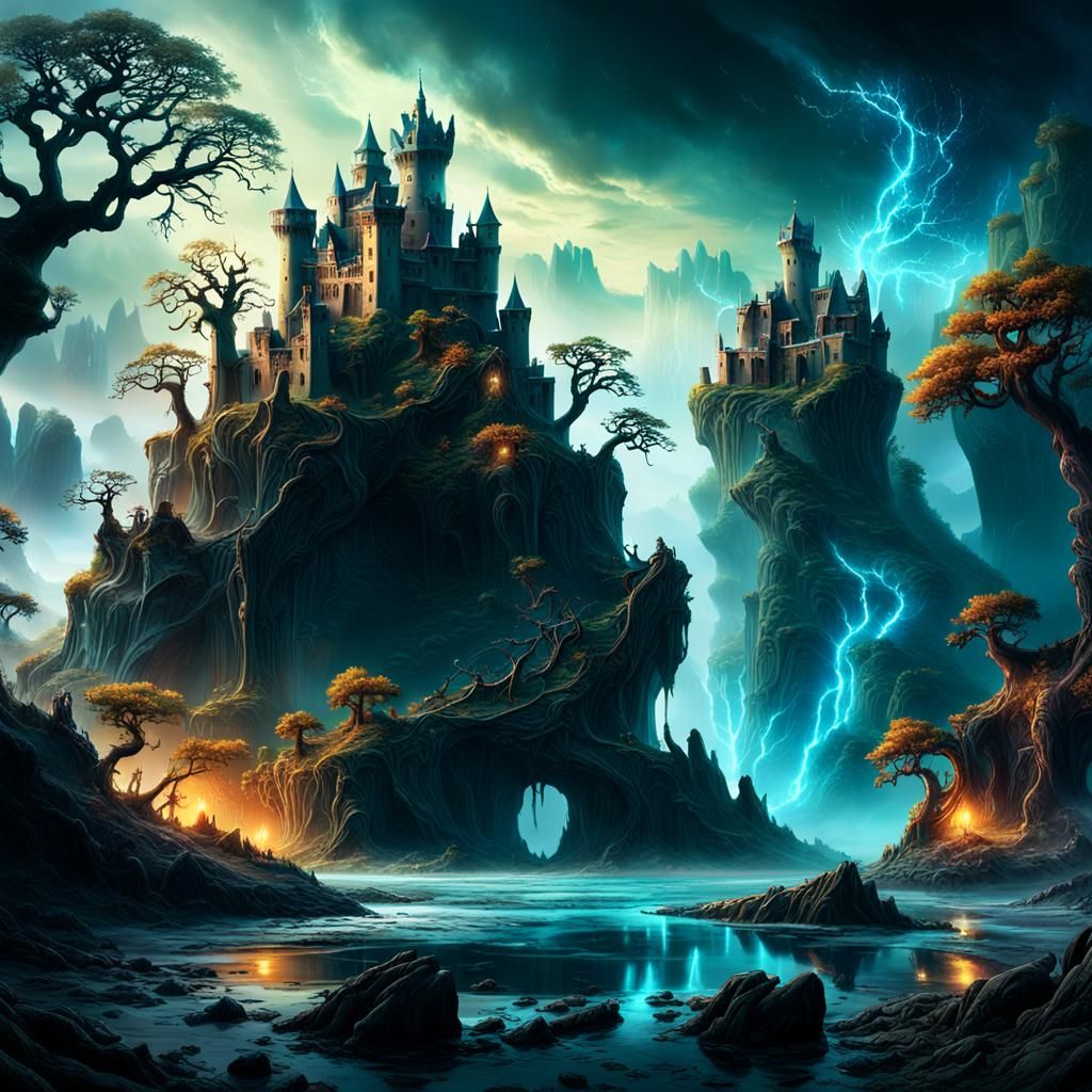 Surreal Island with Twisted Trees and Ancient Castle in Myst...