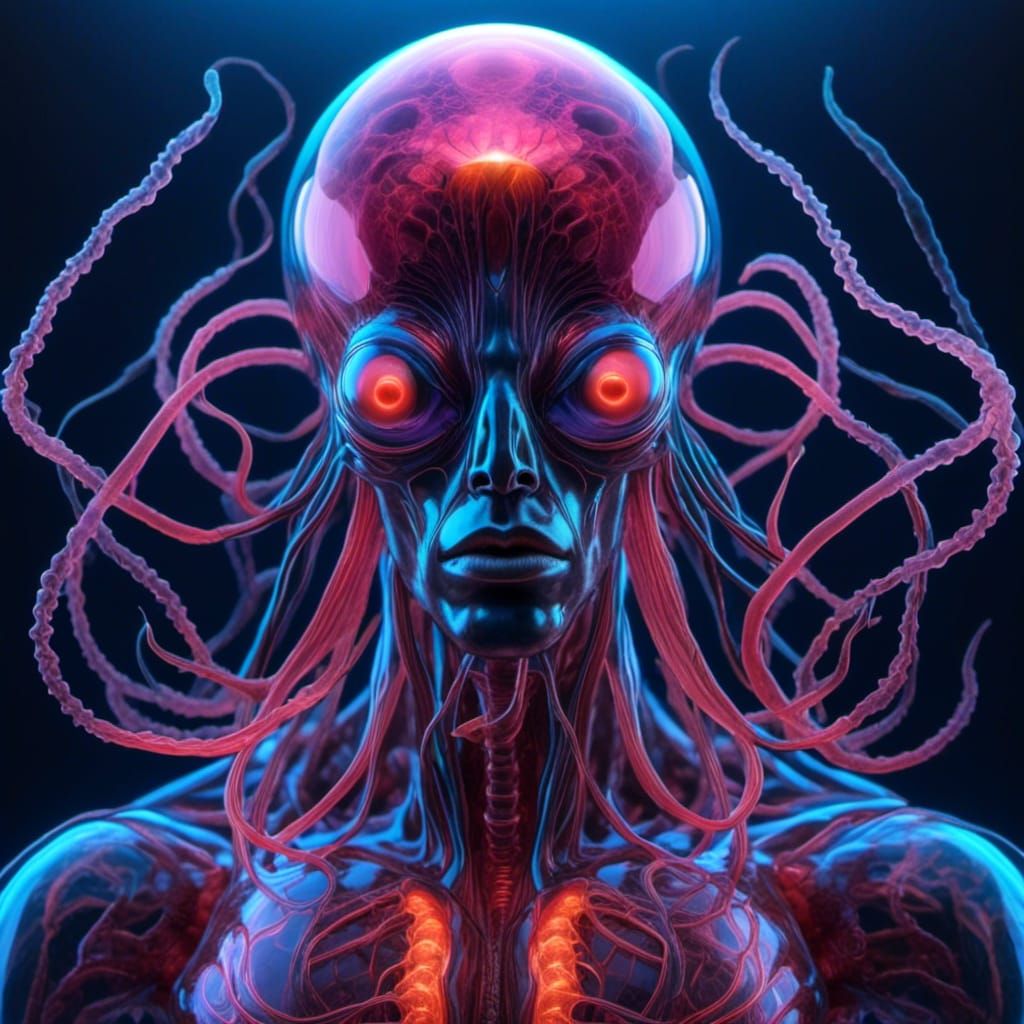 Subtle, delicate, minimalistic, bioluminescent, alien being, emerging from l <lora:Jellyfish Alien:1.0> anded spaceship