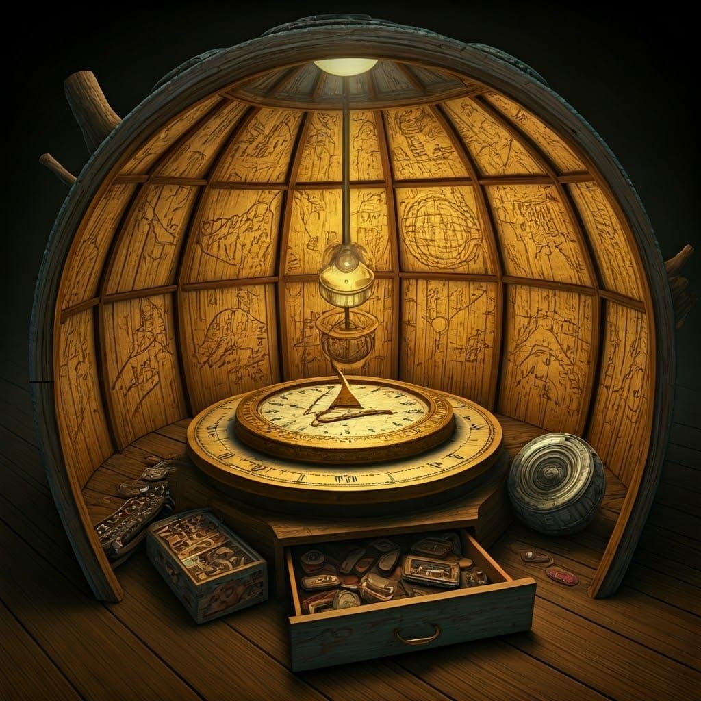 Rustic Time-Traveling Treehouse with Vintage Sci-Fi Whimsy