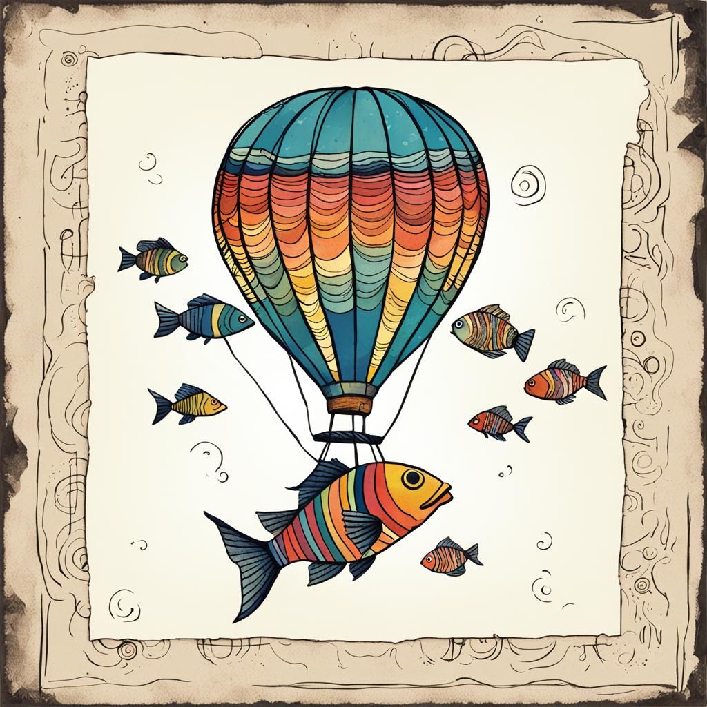 Fish Shaped Hot Air Balloon in Art Brut Style