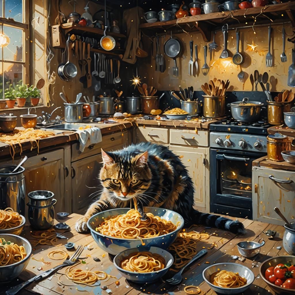 Cat's Spaghetti Feast: An Impasto Oil Painting